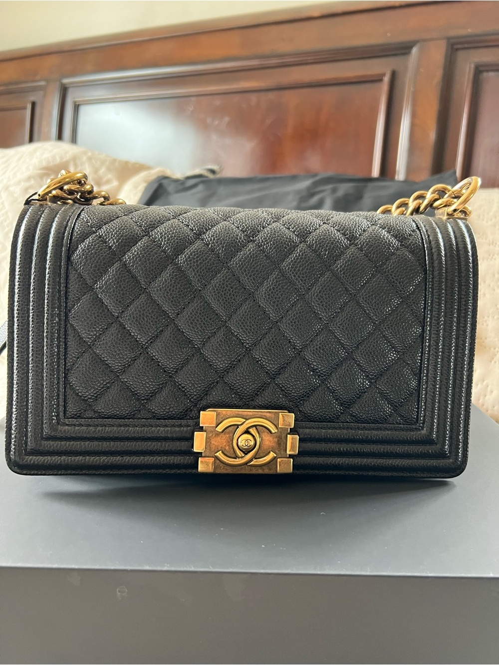 CHANEL Black Quilted Boy Bag with Gold-Tone Hardware